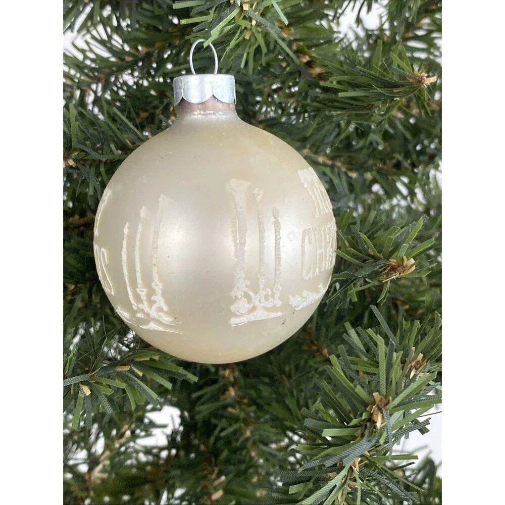 Vintage White Made USA MERRY CHRISTMAS Mica Stenciled Ball Ornament Holiday